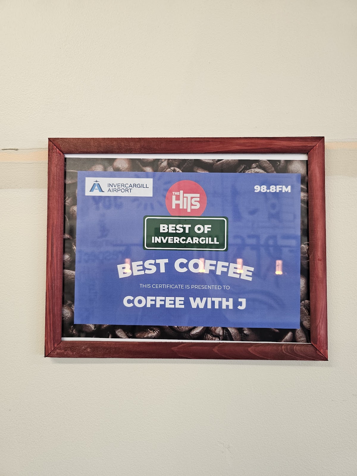 Framed Best Coffee certificate from The Hits Best of Invercargill awards